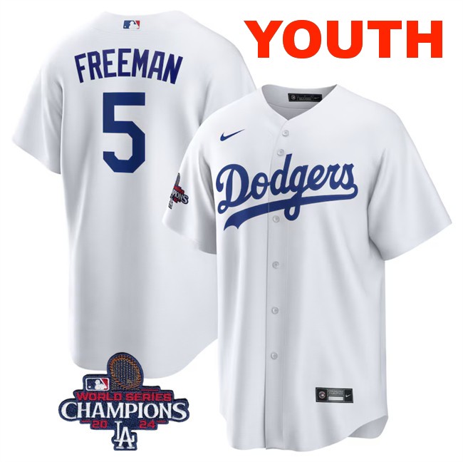 Youth Los Angeles Dodgers #5 Freddie Freeman White 2024 World Series Champions Cool Base Stitched Baseball Jersey