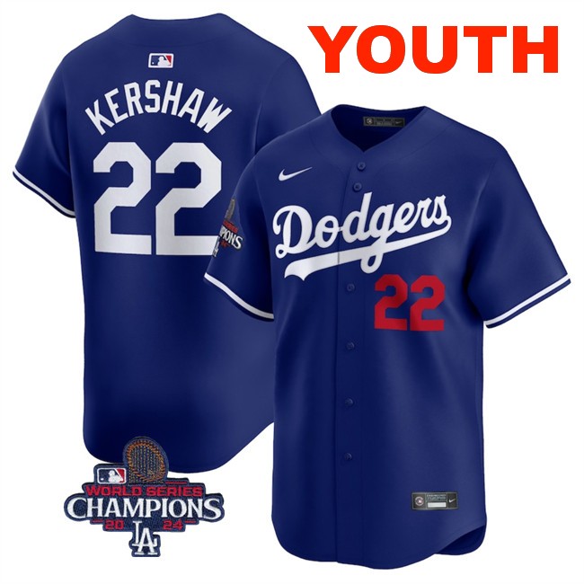 Youth Los Angeles Dodgers #22 Clayton Kershaw Royal 2024 World Series Champions Alternate Limited Stitched Baseball Jersey