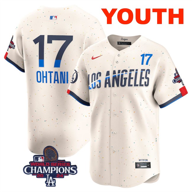 Youth Los Angeles Dodgers #17 Shohei Ohtani Cream 2024 World Series Champions City Connect Limited Stitched Baseball Jersey