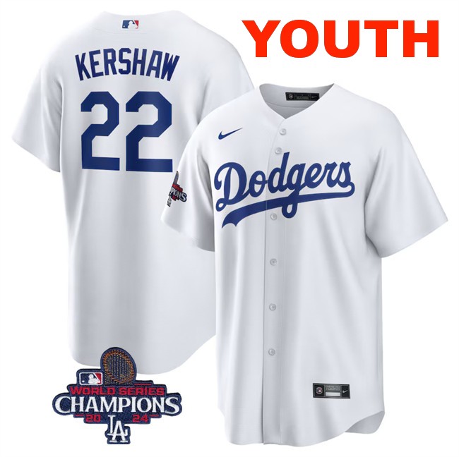 Youth Los Angeles Dodgers #22 Clayton Kershaw White 2024 World Series Champions Cool Base Stitched Baseball Jersey