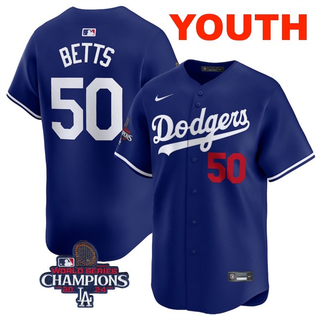 Youth Los Angeles Dodgers #50 Mookie Betts Royal 2024 World Series Champions Alternate Limited Stitched Baseball Jersey