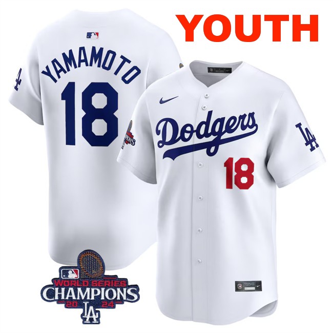 Youth Los Angeles Dodgers #18 Yoshinobu Yamamoto White 2024 World Series Champions Home Limited Stitched Baseball Jersey