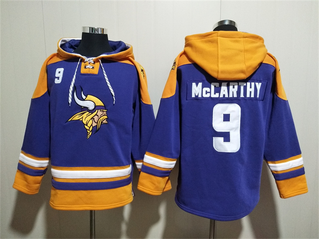 Men's Minnesota Vikings #9 J.J. McCarthy Purple_Yellow Ageless Must-Have Lace-Up Pullover Hoodie