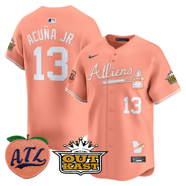 Men's Atlanta Braves #13 Ronald Acuna Jr. Peach 2024 Atliens & Peach With Outkast Patch Vapor Limited Stitched Baseball Jersey