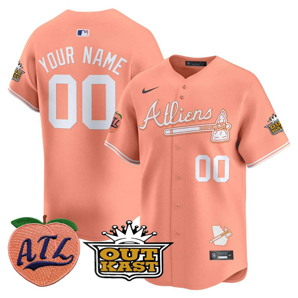 Men's Atlanta Braves Active Player Custom Peach 2024 Atliens & Peach With Outkast Patch Vapor Limited Stitched Baseball Jersey