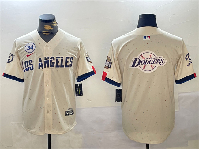 Men's Los Angeles Dodgers Team Big Logo Cream 2024 World Series With No. 34 Patch Limited Stitched Baseball MLB Jersey