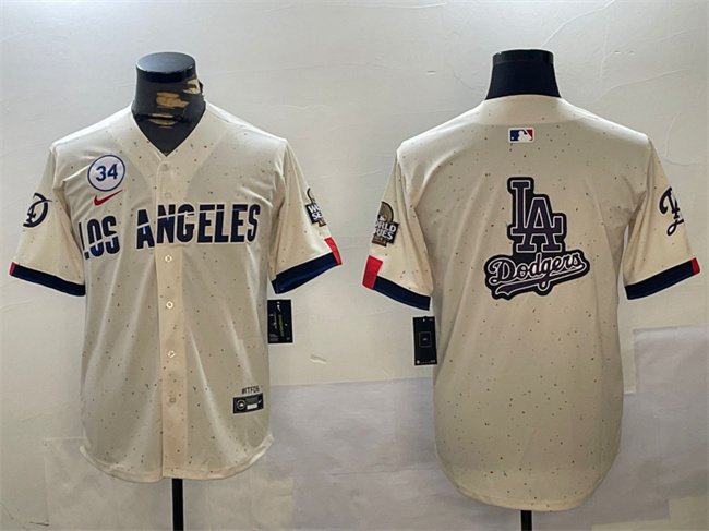 Men's Los Angeles Dodgers Team Big Logo Cream 2024 World Series With No. 34 Patch Limited Stitched Baseball Jerseys
