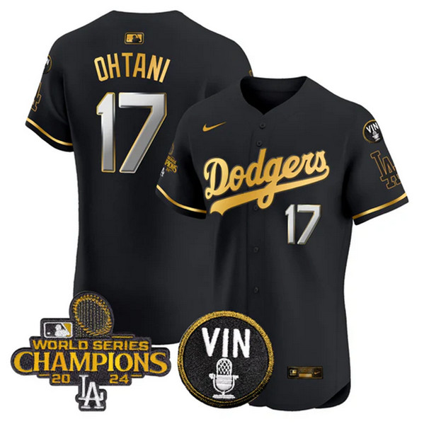 Men's Los Angeles Dodgers #17 Shohei Ohtani Black_Gold 2024 World Series Champions With Vin Patch Vapor Limited Stitched Baseball Jersey