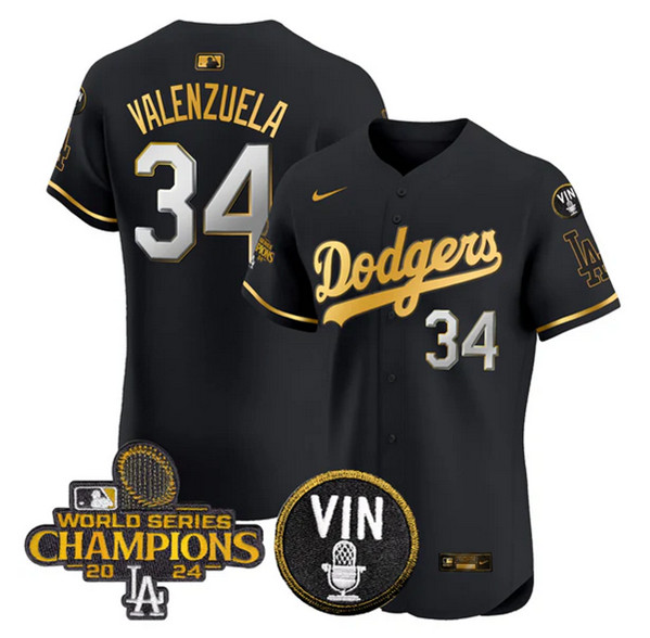 Men's Los Angeles Dodgers #34 Toro Valenzuela Black_Gold 2024 World Series Champions With Vin Patch Vapor Limited Stitched Baseball Jersey