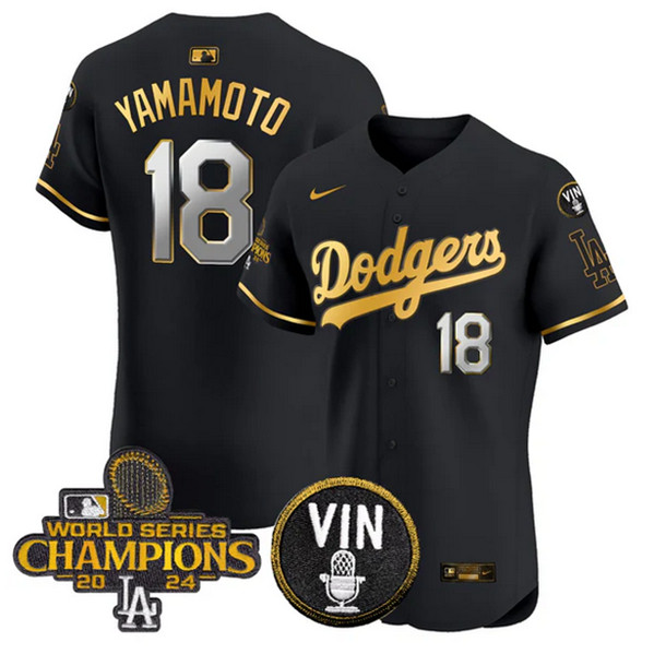 Men's Los Angeles Dodgers #18 Yoshinobu Yamamoto Black_Gold 2024 World Series Champions With Vin Patch Vapor Limited Stitched Baseball Jersey