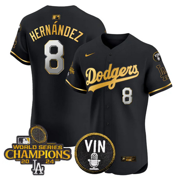 Men's Los Angeles Dodgers #8 Enrique Hernández Black_Gold 2024 World Series Champions With Vin Patch Vapor Limited Stitched Baseball Jersey