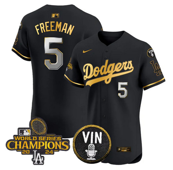 Men's Los Angeles Dodgers #5 Freddie Freeman Black_Gold 2024 World Series Champions With Vin Patch Vapor Limited Stitched Baseball Jersey