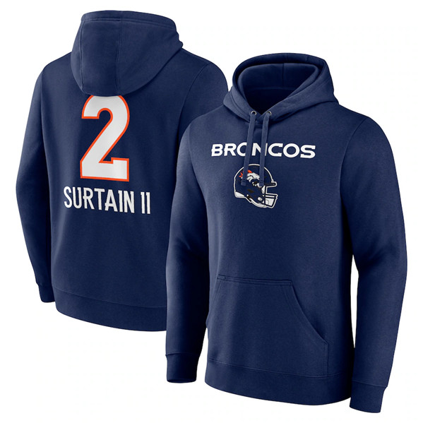Men's Denver Broncos #2 Patrick Surtain II Navy Team Wordmark Name & Number Pullover Hoodie