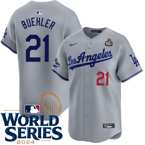 Men's Walker Buehler Los Angeles Dodgers Nike Road Gray Limited 2024 World Series Stitched MLB Jersey