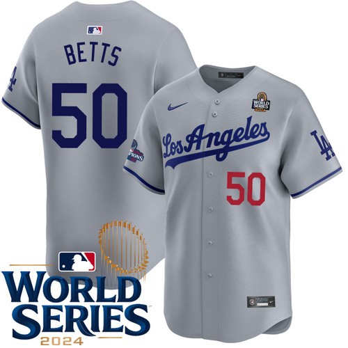Men's Mookie Betts Los Angeles Dodgers Nike Road Gray Limited 2024 World Series Stitched MLB Jersey