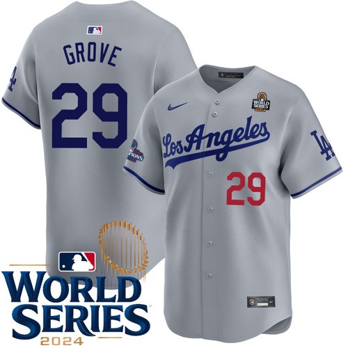 Men's Michael Grove Los Angeles Dodgers Nike Road Gray Limited 2024 World Series Stitched MLB Jersey