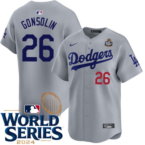 Men's Tony Gonsolin Los Angeles Dodgers Nike Alternate Road Gray Limited 2024 World Series Stitched MLB Jersey