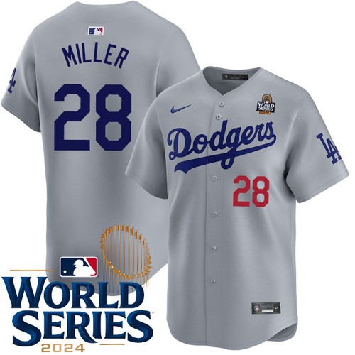 Men's Bobby Miller Los Angeles Dodgers Nike Alternate Road Gray Limited 2024 World Series Stitched MLB Jersey