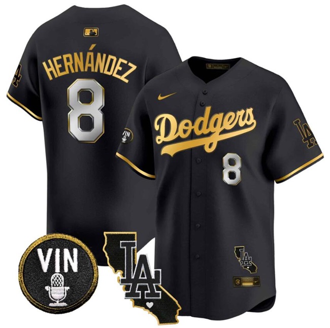 Men's Los Angeles Dodgers #8 Enrique Hernández Black_Gold Vin & California Patch Vapor Premier Limited Stitched Baseball Jersey
