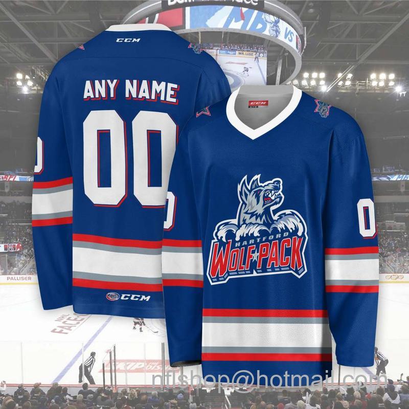 Hartford Wolf Pack Custom Blue CCM Hockey Stitched Jersey