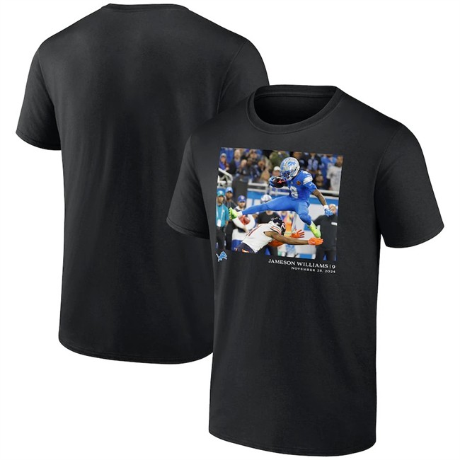 Men's Detroit Lions #9 Jameson Williams Black Flash Features Week 13 T-Shirt