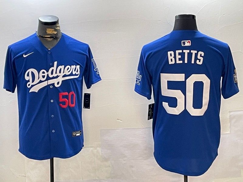 Men's Los Angeles Dodgers #50 Mookie Betts Royal 2024 World Series Limited Stitched Baseball Jersey