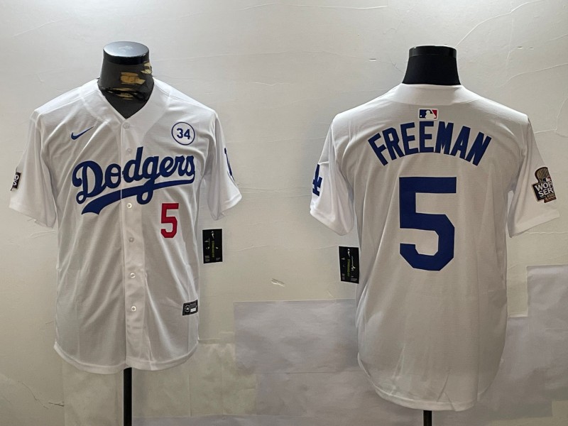 Men's Los Angeles Dodgers #5 Freddie Freeman White 2024 World Series With 34 Patch Limited Stitched Baseball Jersey