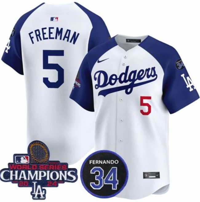 Men's Los Angeles Dodgers #5 Freddie Freeman White_Royal 2024 World Series Champions With Fernando Memorial Patch Limited Stitched Baseball Jersey
