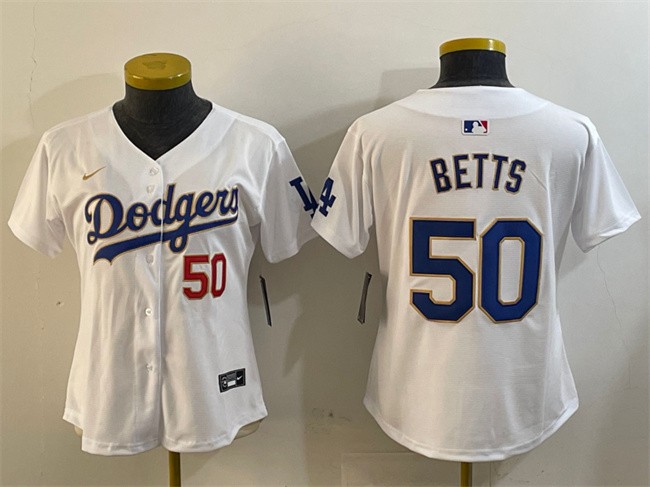 Youth Los Angeles Dodgers #50 Mookie Betts White Gold Home Limited Stitched Baseball Jersey