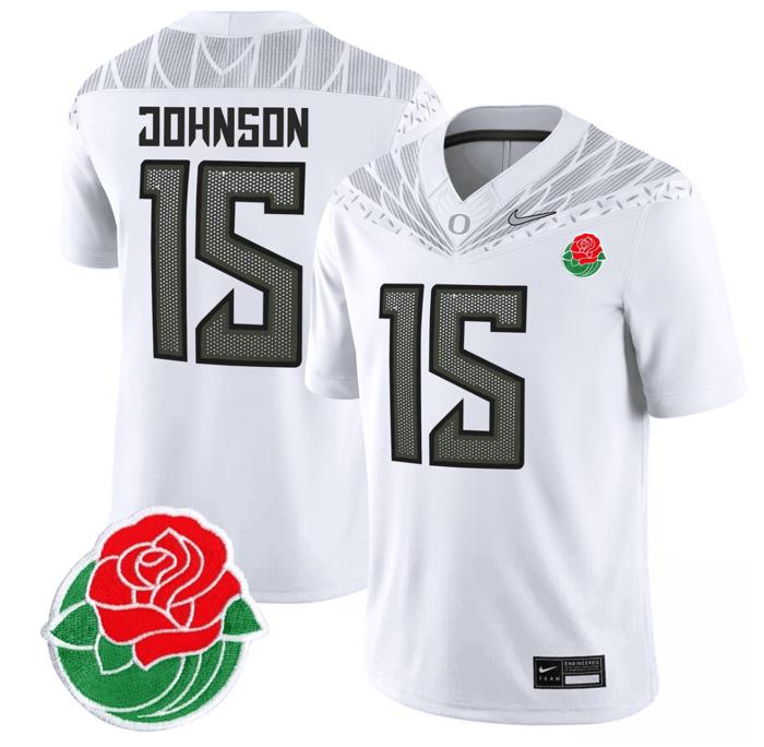 Men's Nike Tez Johnson Jersey #15 Oregon Ducks Rose Bowl Patch Vapor Football White