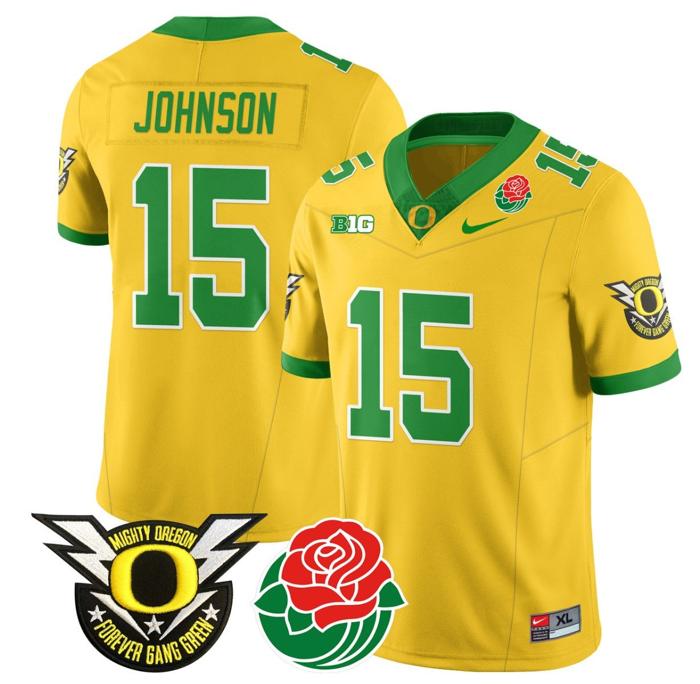 Men's Nike Tez Johnson Jersey #15 Oregon Ducks 2024 Mighty Rose Bowl Patch N2 Yellow