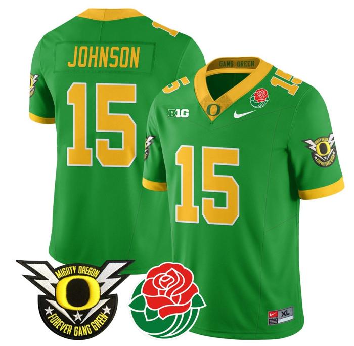 Men's Nike Tez Johnson Jersey #15 Oregon Ducks 2024 Mighty Rose Bowl Patch N2 Green