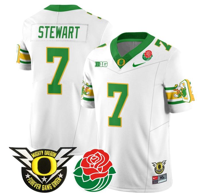 Men's Nike Evan Stewart Jersey #7 Oregon Ducks 2024 Rose Bowl Patch Football White