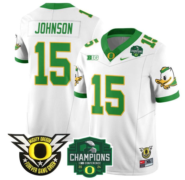 Men's Nike Tez Johnson Jersey #15 Oregon Ducks 2024 Big Ten Champions Football White