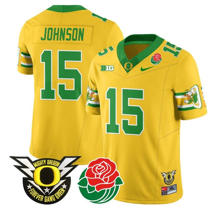 Men's Nike Tez Johnson Jersey #15 Oregon Ducks 2024 Rose Bowl Patch Football Yellow