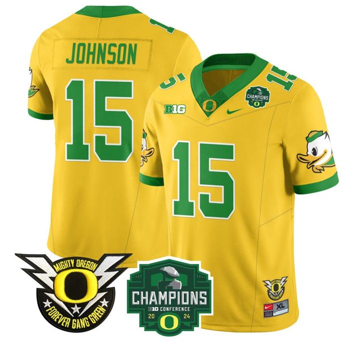 Men's Nike Tez Johnson Jersey #15 Oregon Ducks 2024 Big Ten Champions Football Yellow