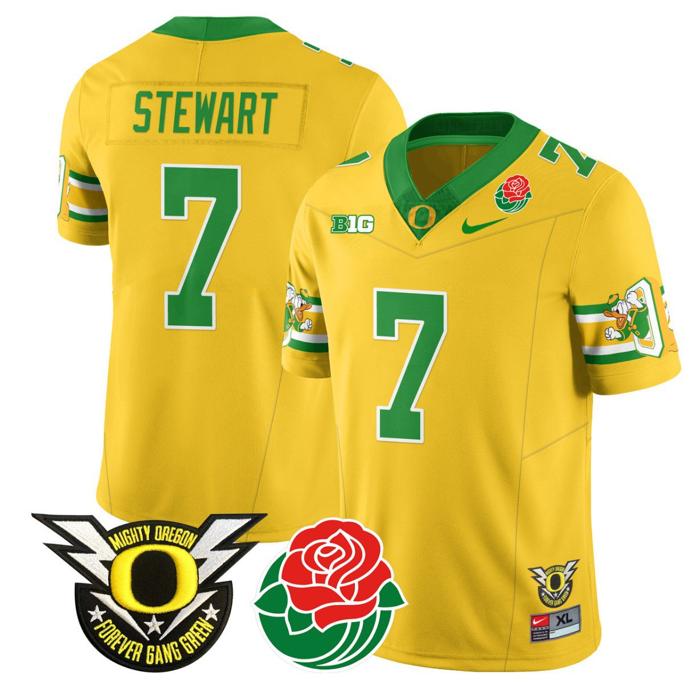 Men's Nike Evan Stewart Jersey #7 Oregon Ducks 2024 Rose Bowl Patch Football Yellow