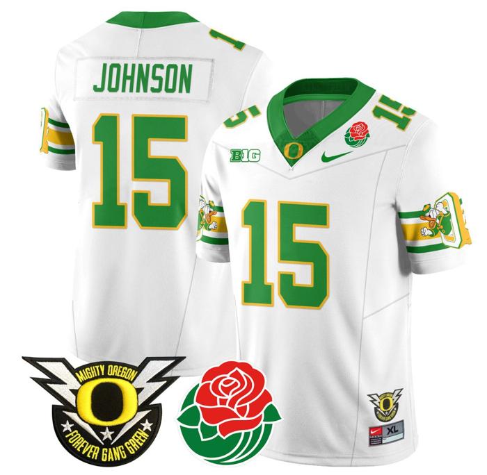 Men's Nike Tez Johnson Jersey #15 Oregon Ducks 2024 Rose Bowl Patch Football White