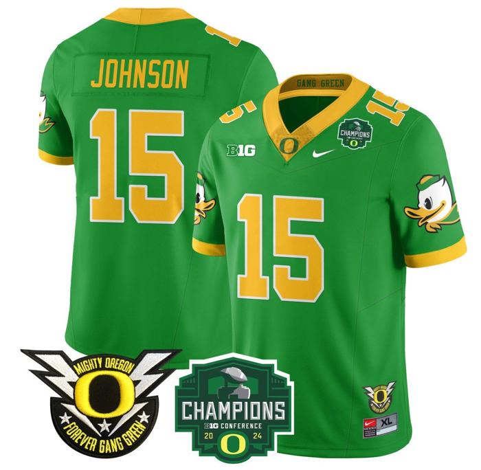 Men's Nike Tez Johnson Jersey #15 Oregon Ducks 2024 Big Ten Champions Football Green