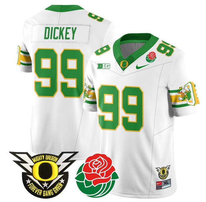 Men's Nike Jurrion Dickey Jersey #99 Oregon Ducks 2024 Rose Bowl Patch Football White