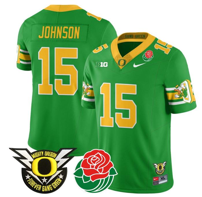 Men's Nike Tez Johnson Jersey #15 Oregon Ducks 2024 Rose Bowl Patch Football Green
