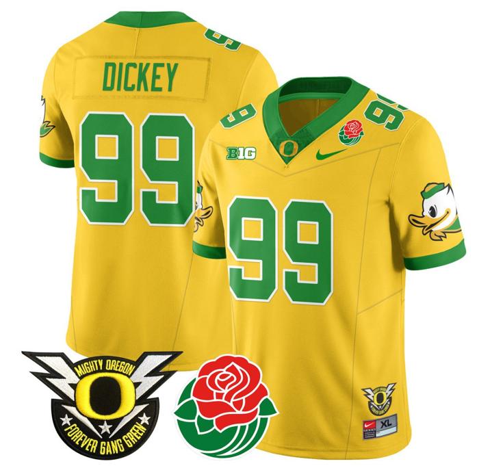 Men's Nike Jurrion Dickey Jersey #99 Oregon Ducks 2024 Rose Bowl Patch N1 Football Yellow