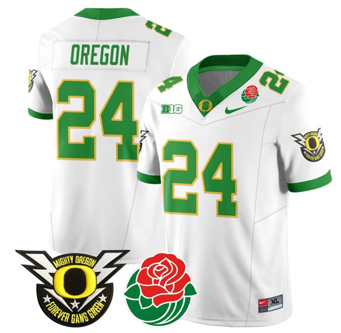 Men's Nike Oregon Jersey #24 Oregon Ducks 2024 Mighty Rose Bowl Patch N2 Football White