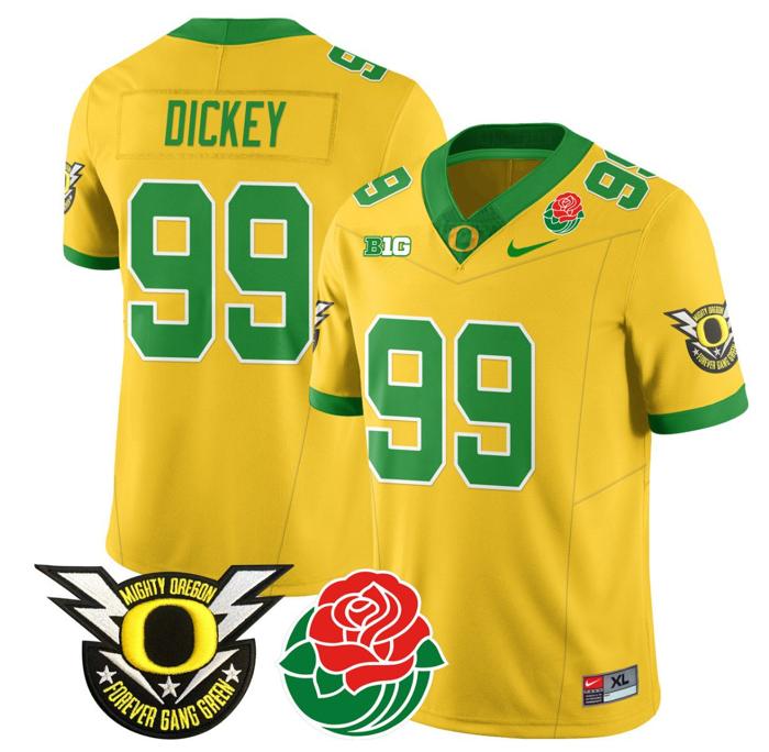 Men's Nike Jurrion Dickey Jersey #99 Oregon Ducks 2024 Mighty Rose Bowl Patch N2 Yellow