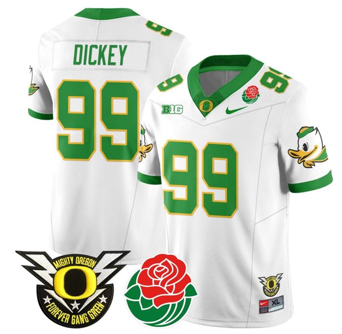 Men's Nike Jurrion Dickey Jersey #99 Oregon Ducks 2024 Rose Bowl Patch N1 Football White