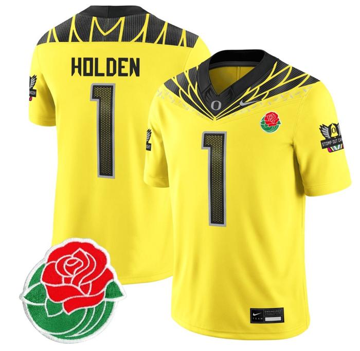 Men's Nike Traeshon Holden Jersey #1 Oregon Ducks Rose Bowl Patch Vapor Football Yellow