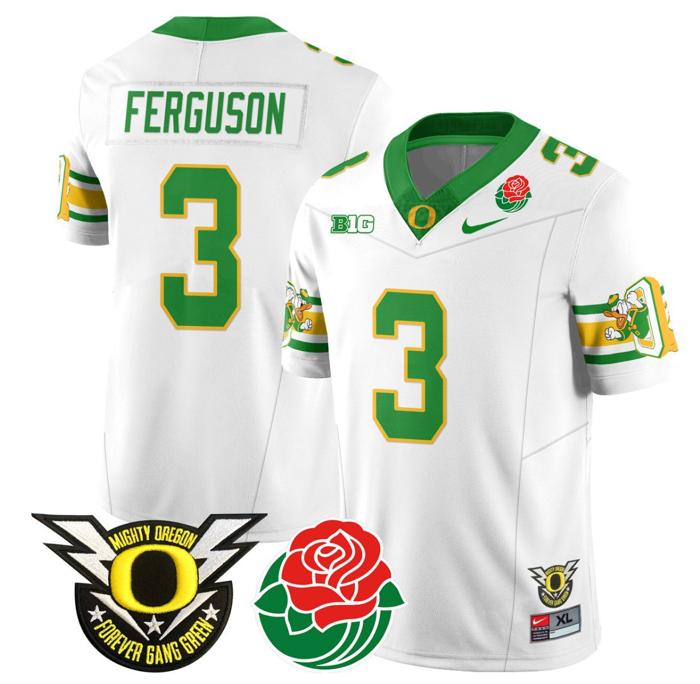 Men's Nike Terrance Ferguson Jersey #3 Oregon Ducks 2024 Rose Bowl Patch Football White
