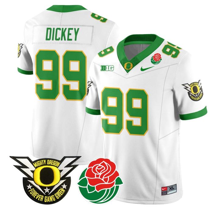 Men's Nike Jurrion Dickey Jersey #99 Oregon Ducks 2024 Mighty Rose Bowl Patch N2 White