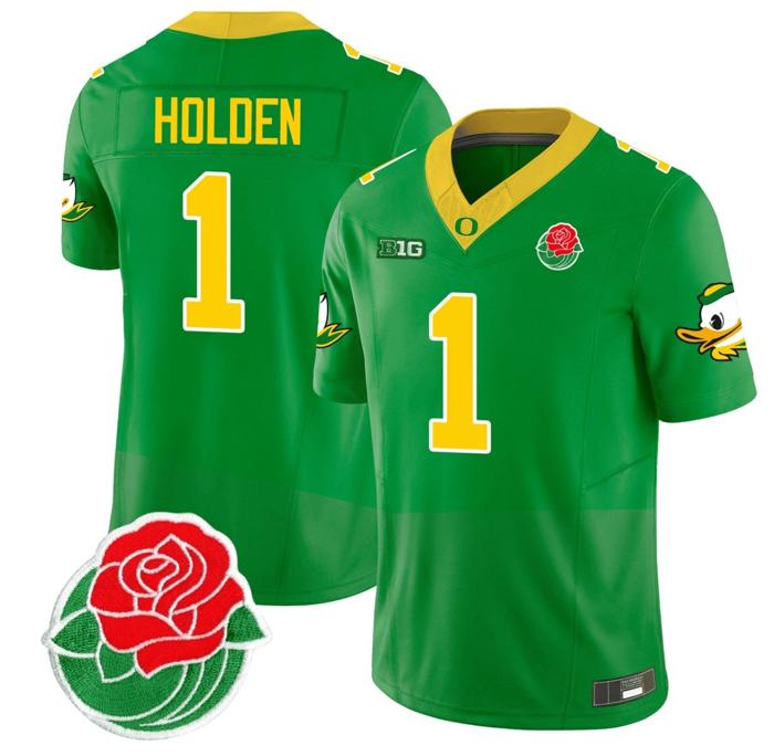 Men's Nike Traeshon Holden Jersey #1 Oregon Ducks Rose Bowl Patch Vapor Football Green