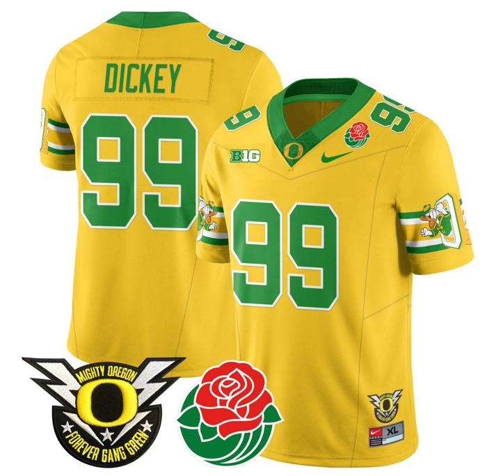Men's Nike Jurrion Dickey Jersey #99 Oregon Ducks 2024 Rose Bowl Patch Football Yellow